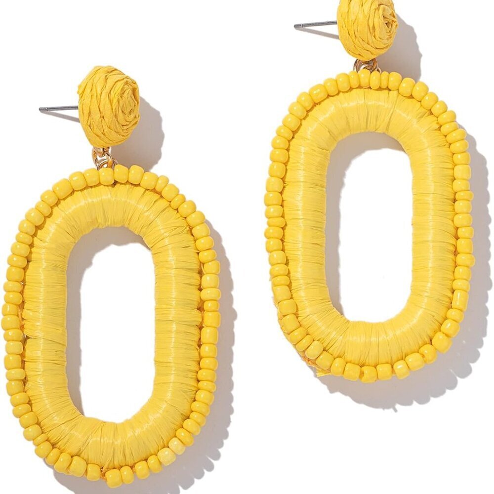 Beaded Raffia Earrings Boho Drop Dangle Summer Ca… - image 1